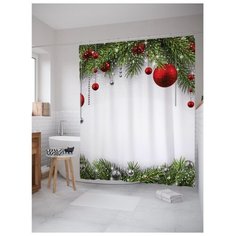 Штора для ванной JoyArty Нарядные еловые лапы 180х200 белый/зеленый/красный