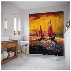 Штора для ванной JoyArty Корабли борются с волнами 180x200 разноцветный