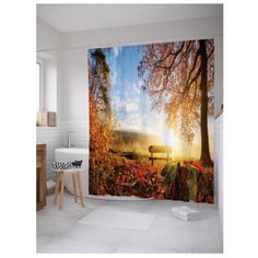 Штора для ванной JoyArty Одинокая лавочка за лесом 180x200 желтый/зеленый/оранжевый