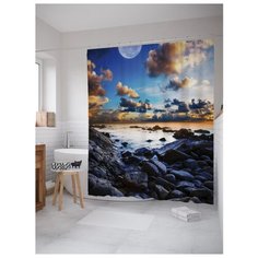Штора для ванной JoyArty Каменный пляж под лунным светом 180x200 синий/голубой/желтый