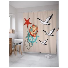 Штора для ванной JoyArty Чайки, ракушки,якорь 180x200 бежевый