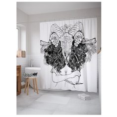 Штора для ванной JoyArty Девушка с черепом барана 180х200 белый/черный