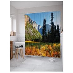 Штора для ванной JoyArty Ели возле гор 180х200 голубой/зеленый/оранжевый