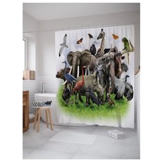 Штора для ванной JoyArty Скопление диких зверей 180x200 белый/серый/зеленый