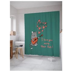 Штора для ванной JoyArty Влюбленный кот-гитарист 180х200 зеленый