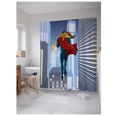 Штора для ванной JoyArty Супергерой спасает девушку 180х200 серый/синий/красный