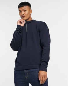 Темно-синее поло с длинными рукавами и молнией Jack & Jones Originals-Темно-синий