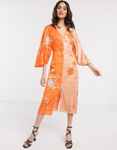 Оранжевое платье-кимоно миди с цветочным принтом Liquorish-Мульти
