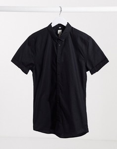 Черная оксфордская рубашка обтягивающего кроя с короткими рукавами River Island-Черный