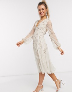 Платье миди с пышными рукавами и цветочной отделкой ASOS DESIGN-Синий