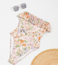 Слитный купальник с оборками и цветочным принтом ASOS Petite-Мульти