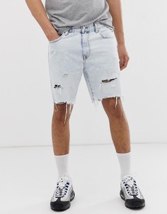 Голубые джинсовые шорты с эффектом кислотной стирки и рваной отделкой Bershka-Синий