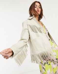 Светло-бежевая куртка из искусственной кожи с бахромой Topshop-Кремовый
