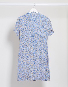 Синее короткое приталенное платье-рубашка Pieces-Мульти