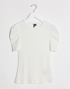 Белая футболка в рубчик с пышными рукавами Vero Moda-Белый