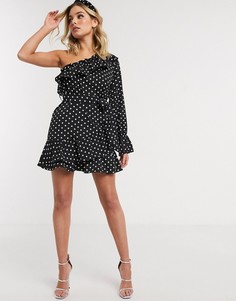 Черное платье в горошек на одно плечо с поясом Femme Luxe-Мульти