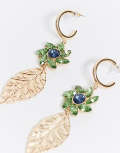 Золотистые серьги с отделкой камнями и подвесками-листьями ASOS DESIGN-Золотой