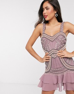 Короткое приталенное платье с отделкой искусственным жемчугом ASOS DESIGN-Фиолетовый