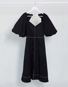 Черное приталенное платье миди с пышными рукавами ASOS DESIGN-Черный