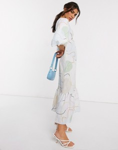 Платье миди с абстрактным принтом и глубоким вырезом ASOS DESIGN premium-Мульти