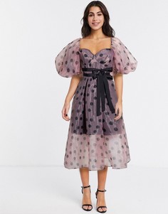 Платье миди в горошек с пышными рукавами и верхним слоем из органзы ASOS DESIGN-Мульти