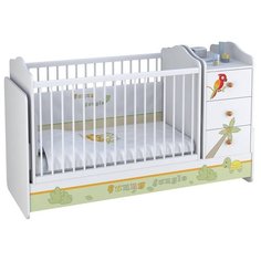 Кроватка Polini Basic Джунгли с комодом (трансформер), поперечный маятник белый