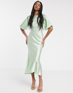Зеленое атласное платье миди с кружевными вставками ASOS DESIGN-Зеленый