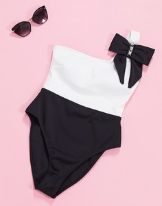 Слитный купальник на одно плечо с бантиком River Island-Черный