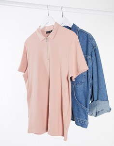 Поло из вафельного трикотажа розового цвета с короткой молнией ASOS DESIGN-Розовый