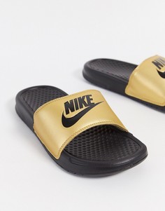 Черные шлепанцы с золотистым ремешком Nike-Золотой