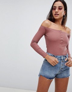 Боди в рубчик с открытыми плечами Missguided-Коричневый