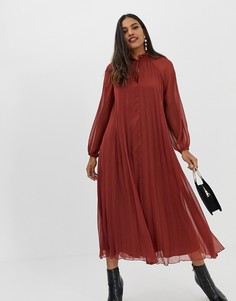 Плиссированное платье-трапеция макси с завязкой у ворота ASOS DESIGN-Коричневый