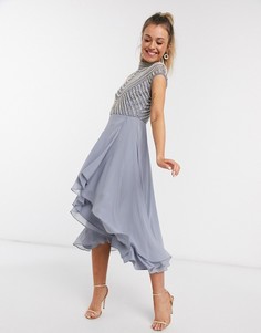 Платье миди с высоким воротом, отделкой на топе и запахом на юбке ASOS DESIGN-Мульти