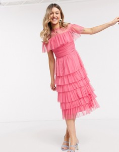 Розовое ярусное сетчатое платье миди с оборками Anaya With Love-Розовый
