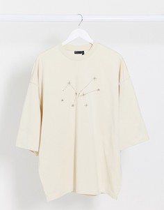 Футболка в стиле oversized с декоративными швами и вышивкой на груди ASOS DESIGN-Бежевый