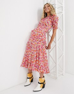 Розовое платье миди с оборкой и цветочным принтом Topshop-Бежевый