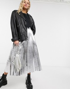 Серебристая плиссированная юбка миди из искусственной кожи Topshop-Серебряный