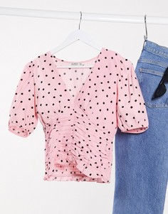 Розовая блузка в горошек с V-образным вырезом Stradivarius-Розовый