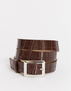 Коричневый узкий ремень с крокодиловым узором SVNX-Бежевый