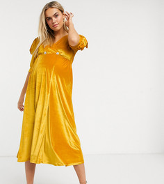 Коричневато-желтое бархатное платье с пышными рукавами ASOS DESIGN Maternity-Желтый