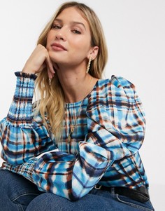 Синяя блузка в клетку с присборенными рукавами Vero Moda-Мульти