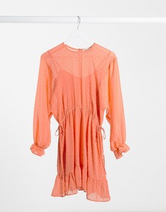 Коралловое платье мини в горошек добби со шнурком на талии ASOS DESIGN-Оранжевый