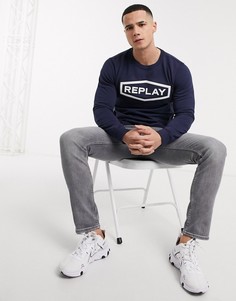 Свитшот с круглым вырезом и логотипом на груди Replay-Темно-синий