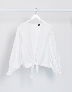 Белая поплиновая блузка с пышными рукавами и завязкой Vila-Кремовый