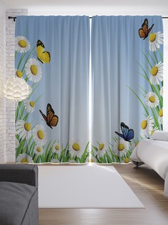 JoyArty Шторы с фотопечатью «Бабочки на ромашках» из сатена, 290х265 см