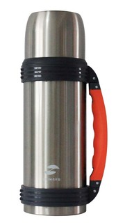 Термос, 1 л, широкий с ручкой, сталь, серебристый, оранжевые вставки Stinger