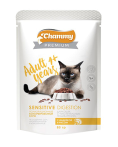 Влажный корм для кошек Chammy Premium Sensitive Digestion, с индейкой и рисом, 24шт по 85г