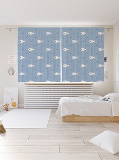 Шторы под лён «Морской узор с якорями и рыбами», серия Oxford DeLux, 290х180 см Joy Arty