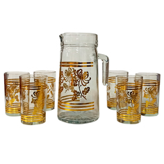 Набор для напитков, графин и 6 стаканов, стеклянный, золотистый рисунок Marma