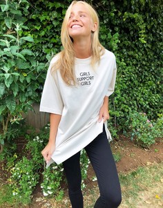 Бежевая oversized-футболка из органического хлопка с надписью Monki-Бежевый